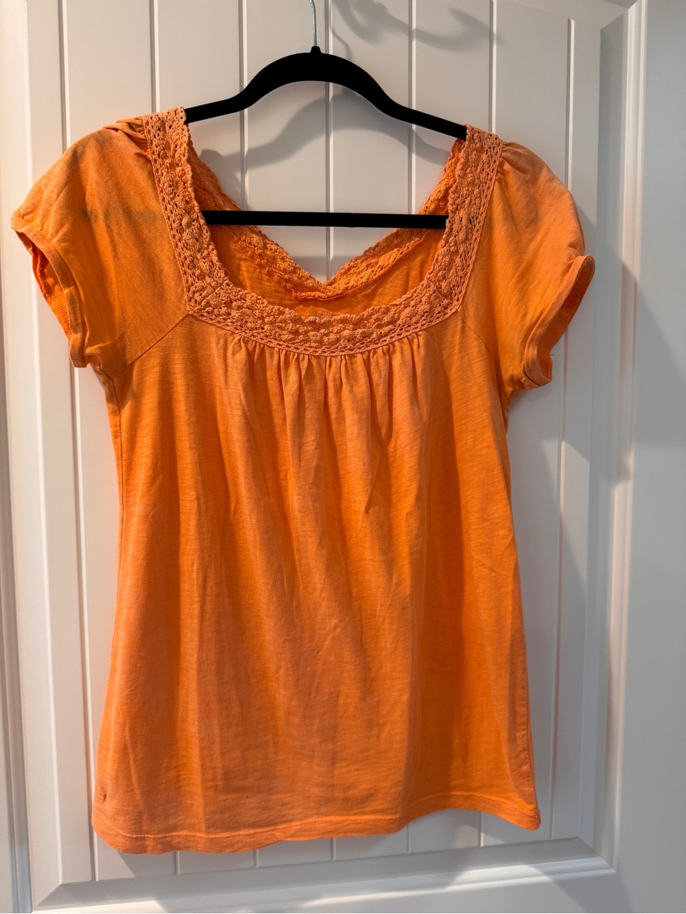 LOFT Orange Short Sleeve Scoop Neck Crochet Trim Top